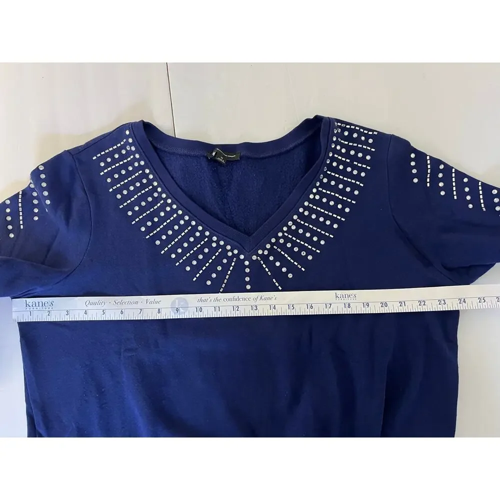 INC International Concepts Navy Rhinestone Embellished V-Neck Sweatshirt Top 1X